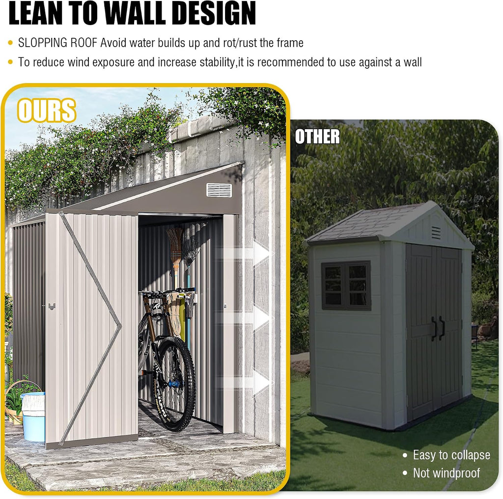 YOPTO 4×8 FT Outdoor Metal Storage Shed,Heavy-Duty Lean to Storage Shed with Lockable Single Side Hinge Door,Waterproof Metal Storage Tool House W/Sloping Roof,Air Vent&Protect Film,for Backyard,Gray