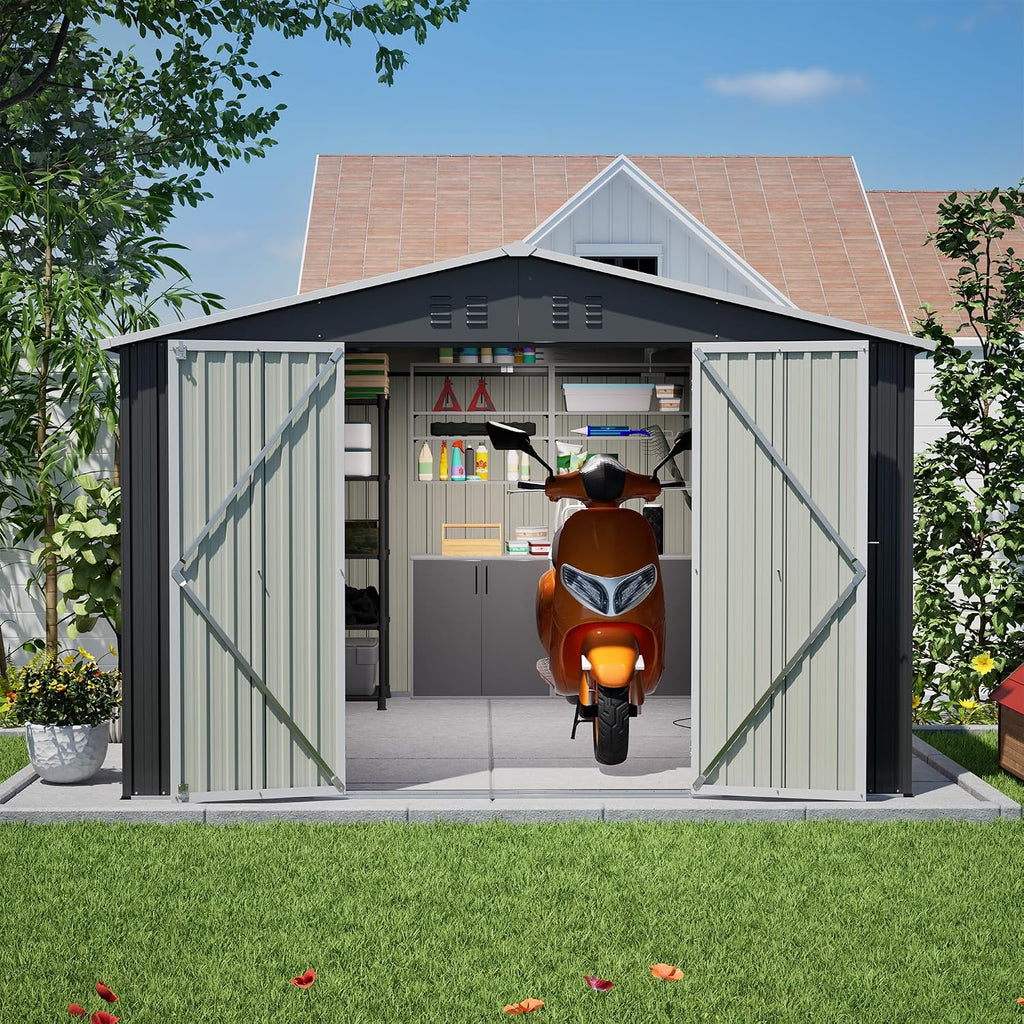 YOPTO 10 x 10 FT Outdoor Storage Shed,Heavy Duty Tool Sheds Metal Storage Garden Shed with Sloped Roof and Lockable Doors,Large Metal Storage Sheds for Backyard Patio Lawn, Black