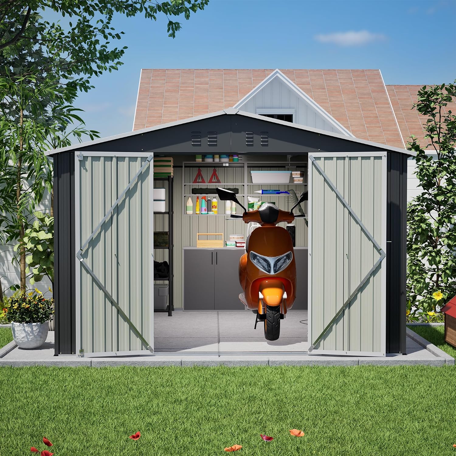 YOPTO 10 x 10 FT Outdoor Storage Shed,Heavy Duty Tool Sheds Metal Storage Garden Shed with Sloped Roof and Lockable Doors,Large Metal Storage Sheds for Backyard Patio Lawn, Black