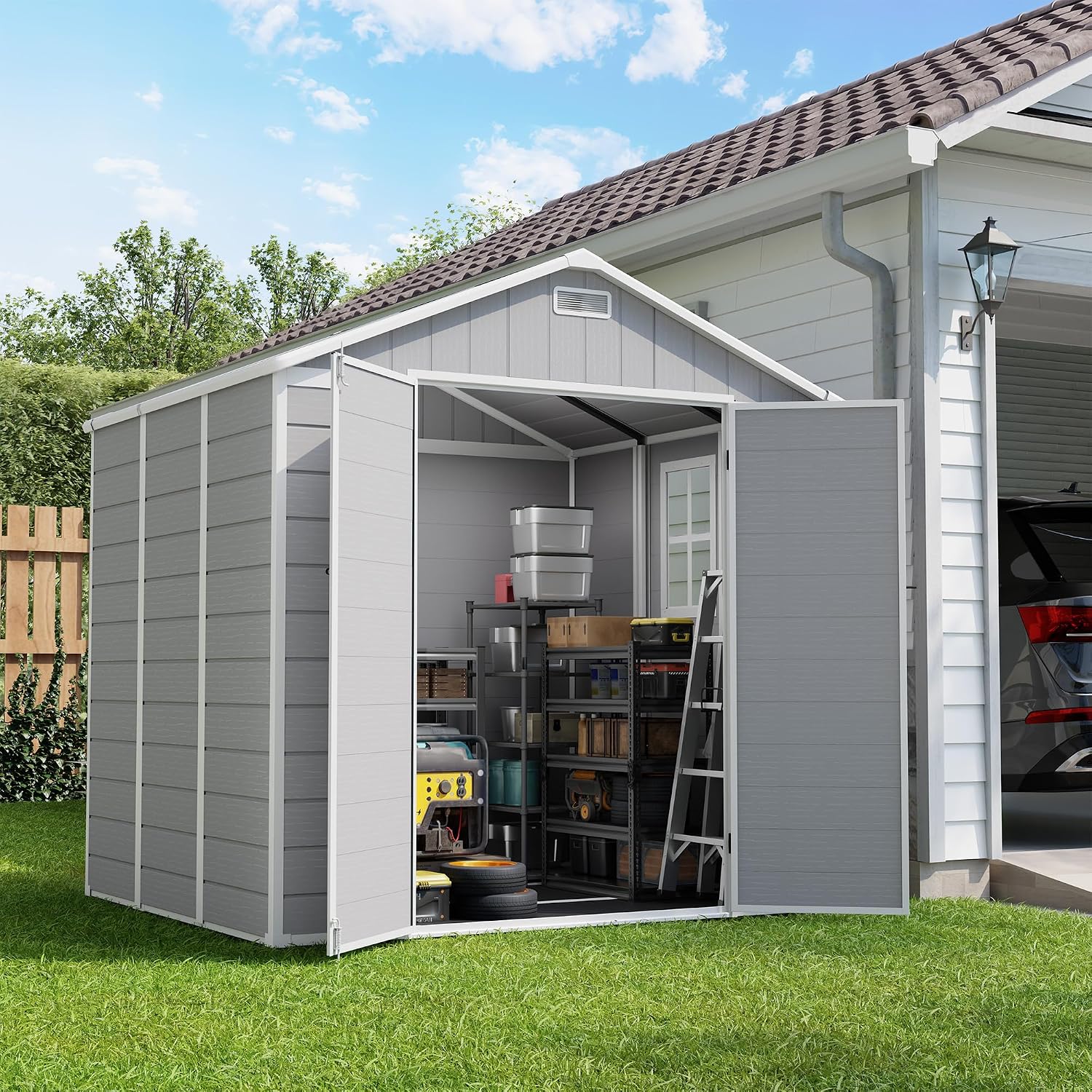 Amopatio Storage Shed 6x8, Resin Outdoor Shed with Floor Included, Plastic Sheds Outdoor Storage for Bike, Garden Tools, Sheds & Outdoor Storage with Lockable Door, Window & Vents, Grey & White