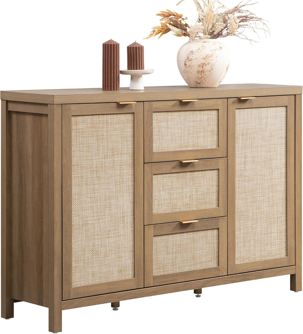 SICOTAS Rattan Sideboard Buffet Cabinet with Storage - 52' Larger Farmhouse Credenza Storage Coffee Bar Cabinet with 3 Drawers & 2 Doors, Boho Console Table for Living Room, Kitchen, Caramel Oak