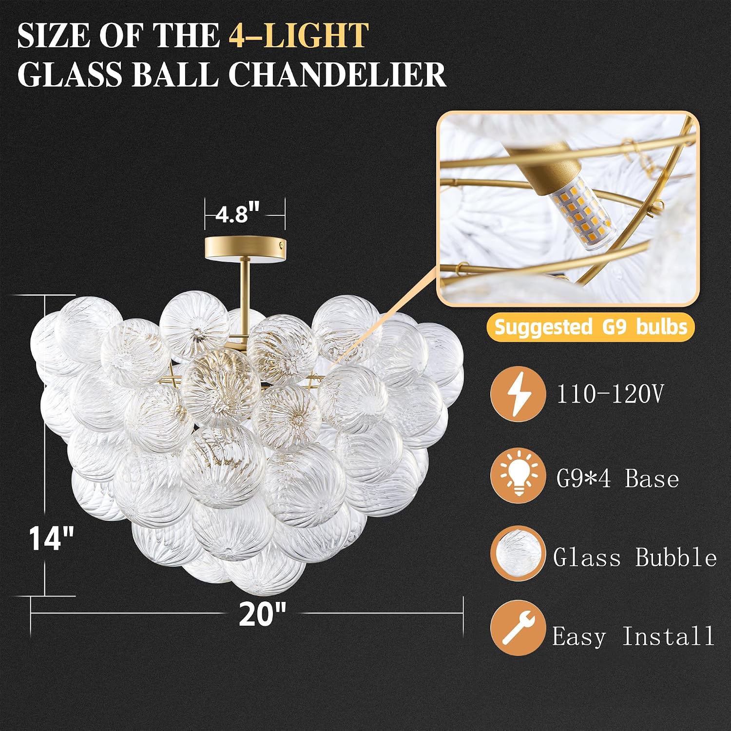 Longree Bubble Ball Semi Flush Ceiling Light Fixtures, Dia 20 inch Gold and Clear Blown Glass Small Swirled Glass Chandelier for Bedroom Study Bathroom Dining Room