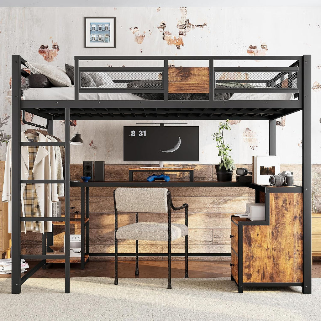 Bellemave Full Loft Bed with L-Shaped Desk and Storage Drawers, Full Size Loft Bed Frame with Computer Monitor Stand, Corner Shelf and Hanger Rod, Adults Loft Beds Nosie-Free, Black