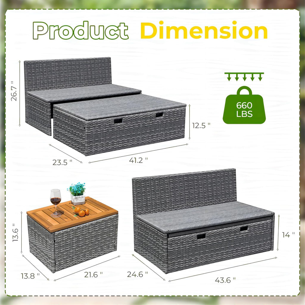 Greesum Outdoor Daybed Set Multifunctional Wicker Lounge Bed Furniture with Two Side Tables, Cushions, Storage Bench for Porch Lawn Patio Beach, OneSize, Blue