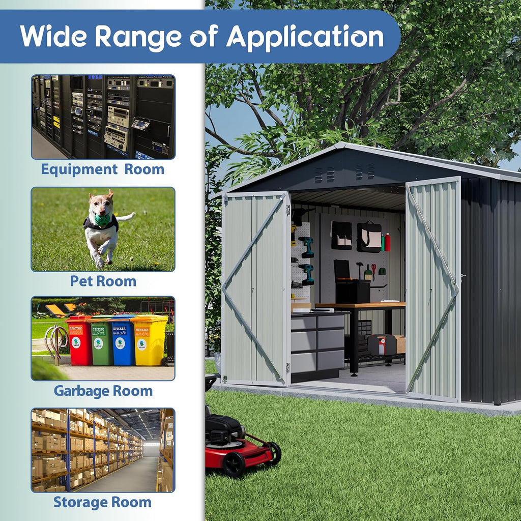 YOPTO 10 x 10 FT Outdoor Storage Shed,Heavy Duty Tool Sheds Metal Storage Garden Shed with Sloped Roof and Lockable Doors,Large Metal Storage Sheds for Backyard Patio Lawn, Black