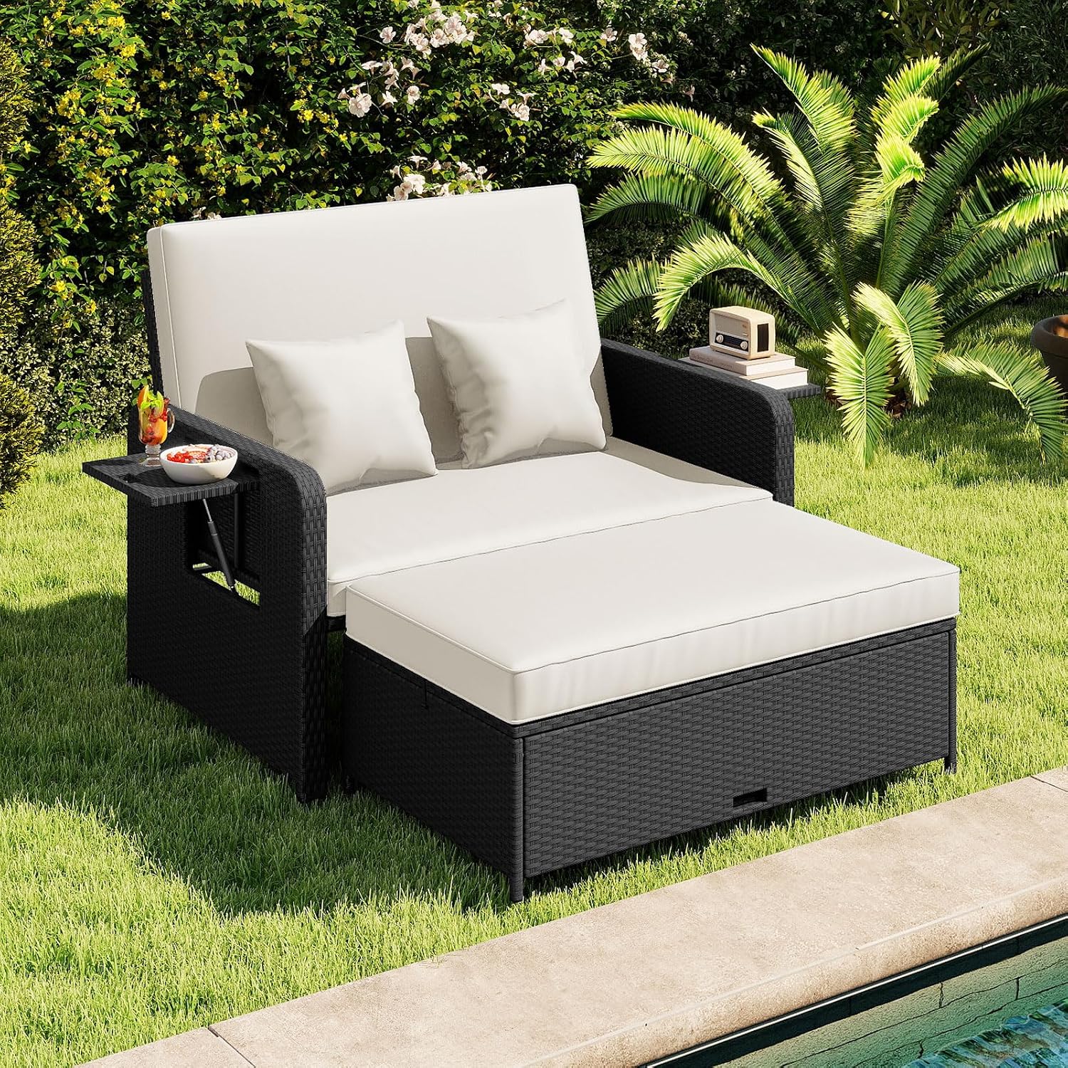 COSTWAY Patio Rattan Daybed with Cushions, Outdoor Wicker Loveseat Sofa with Storage Ottoman, 4-Level Adjustable Backrest, Bed Lounger for Yard, Balcony, Porch, Garden, Pool (Black+White)