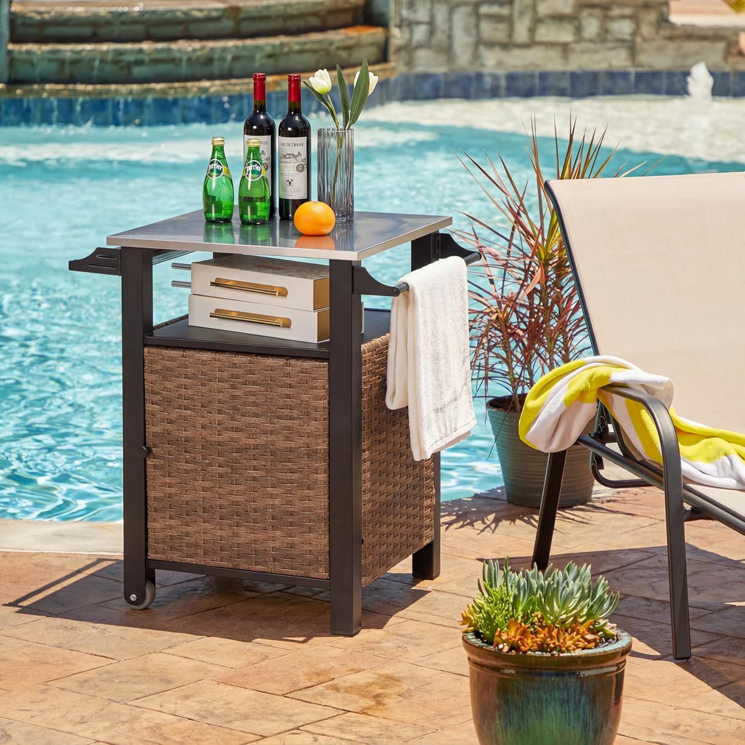 30' Grill Cart Outdoor with Wheels, Outdoor Prep Table with Wicker Storage and Rolling Wheels, Samll Kitchen Island Serving Cart with Stainless Steel Table Top for BBQ, Porch, Patio, Brown