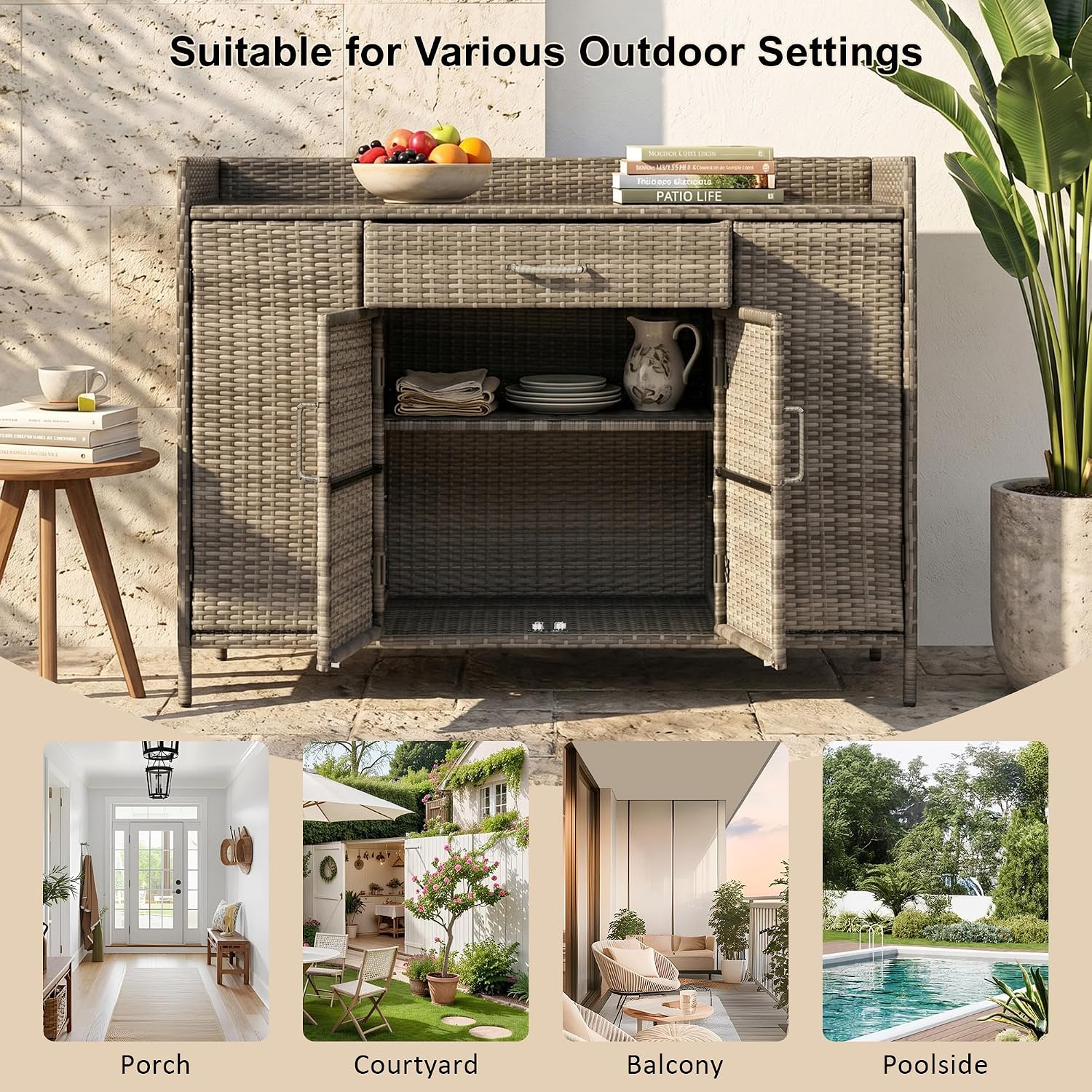 53.2' W Outdoor Weather-Proof Rattan Storage Cabinet with Tempered Glass Top, Outdoor Wicker Bar Table with One Large Drawer & Adjustable Shelves for Patio, Garden, Pool, Grey