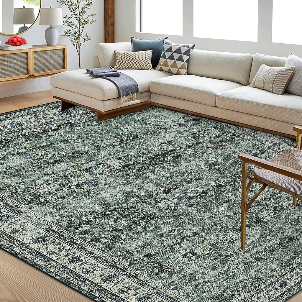 GlowSol Washable Area Rug 10x13 Large Neutral Rugs for Living Room Soft Vintage Bedroom Rug Ultra-Thin Distressed Oriental Carpet Stain Resistant Rug for Dining Room Guest Room Home Decor,Green