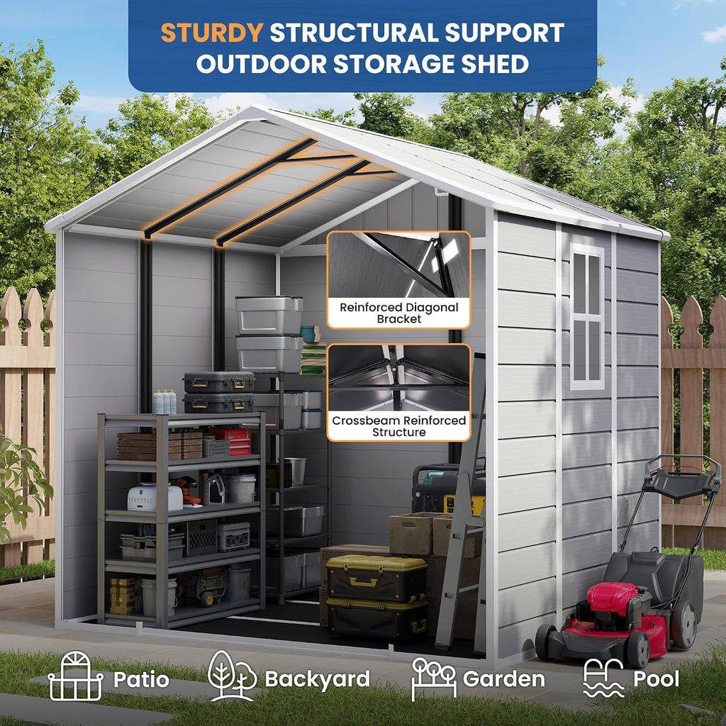 Amopatio Storage Shed 6x8, Resin Outdoor Shed with Floor Included, Plastic Sheds Outdoor Storage for Bike, Garden Tools, Sheds & Outdoor Storage with Lockable Door, Window & Vents, Grey & White