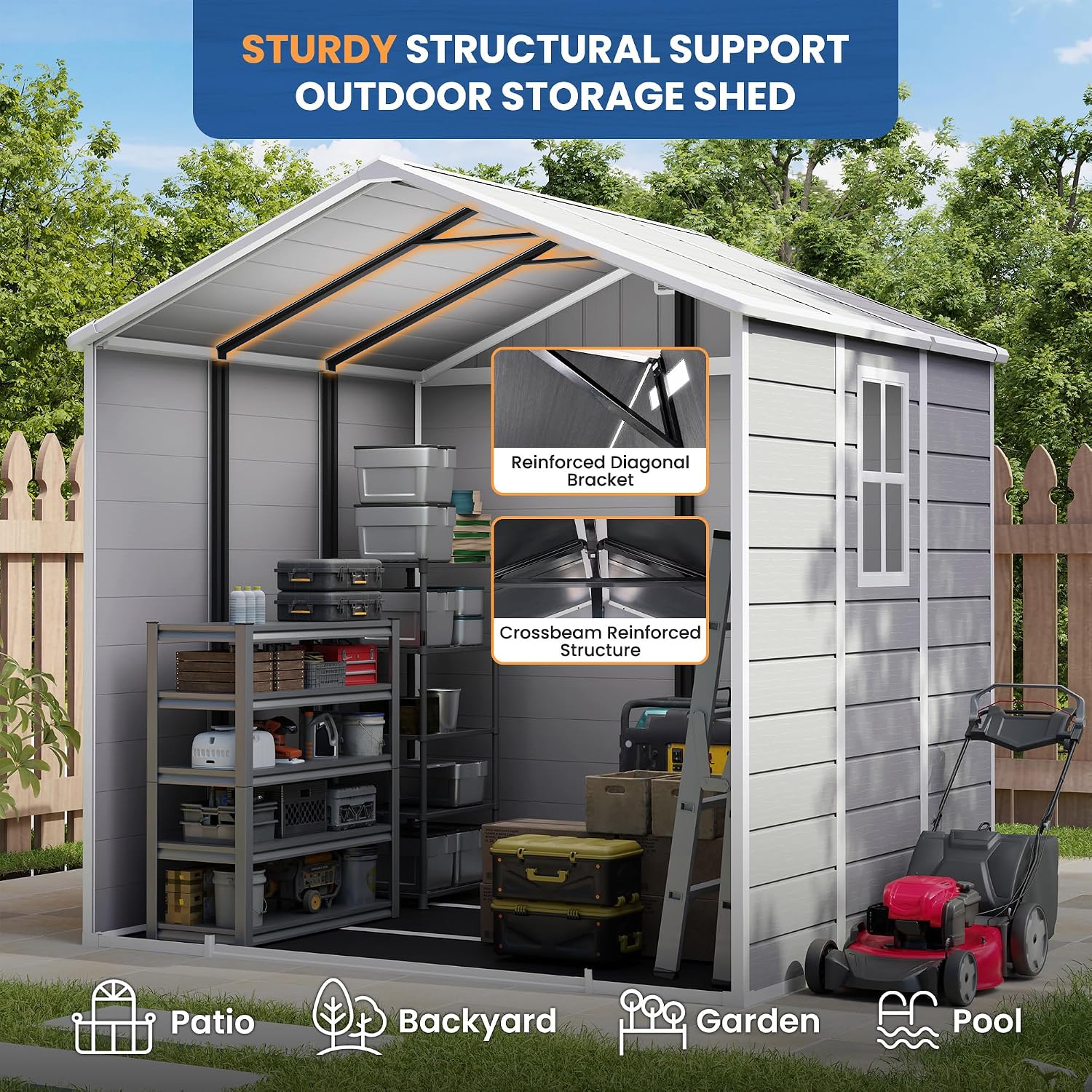 Amopatio Storage Shed 6x8, Resin Outdoor Shed with Floor Included, Plastic Sheds Outdoor Storage for Bike, Garden Tools, Sheds & Outdoor Storage with Lockable Door, Window & Vents, Grey & White