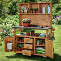 Versatile Garden Potting Bench with Stainless Steel Countertop, Outdoor Workstation for BBQ & Patio Cooking, Mobile Storage Cart Kitchen Island with Wheels (Natural/B)