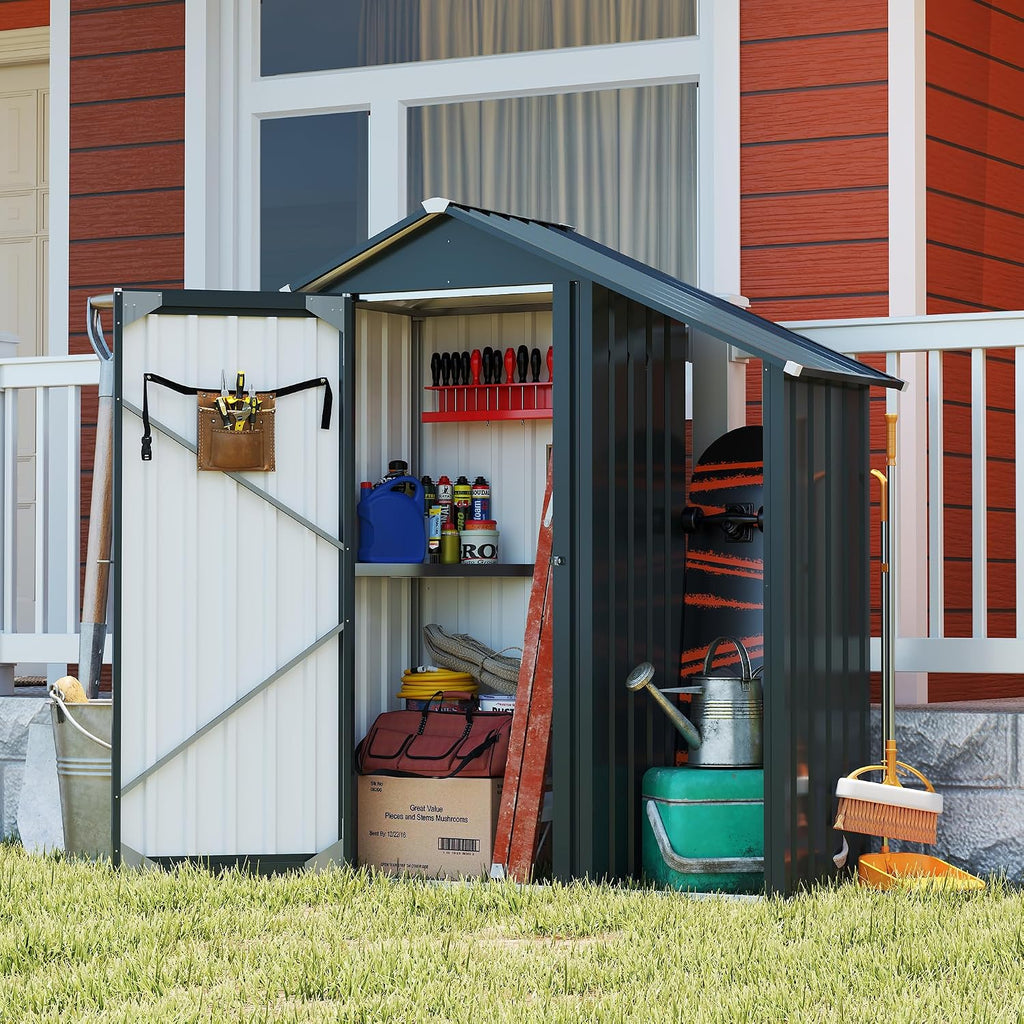 Small 5 × 2 FT Sheds & Outdoor Storage with Side Extension Roof, Waterproof Metal Outside Storage Shed with Sturdy Frame, Utility Tool Shed for Backyard Garden — Dark Gray