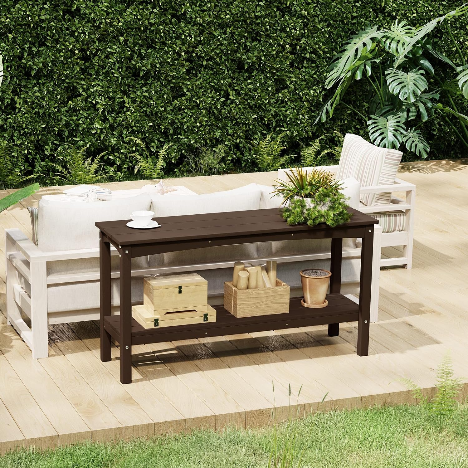 Costaelm Plant Stand Outdoor, 55in 2-Shelf Outdoor Storage Cabinet, Multifunctional Buffet Porch Table tv Stand and Side Tables for Patio, Pool & Yard, Dark Brown