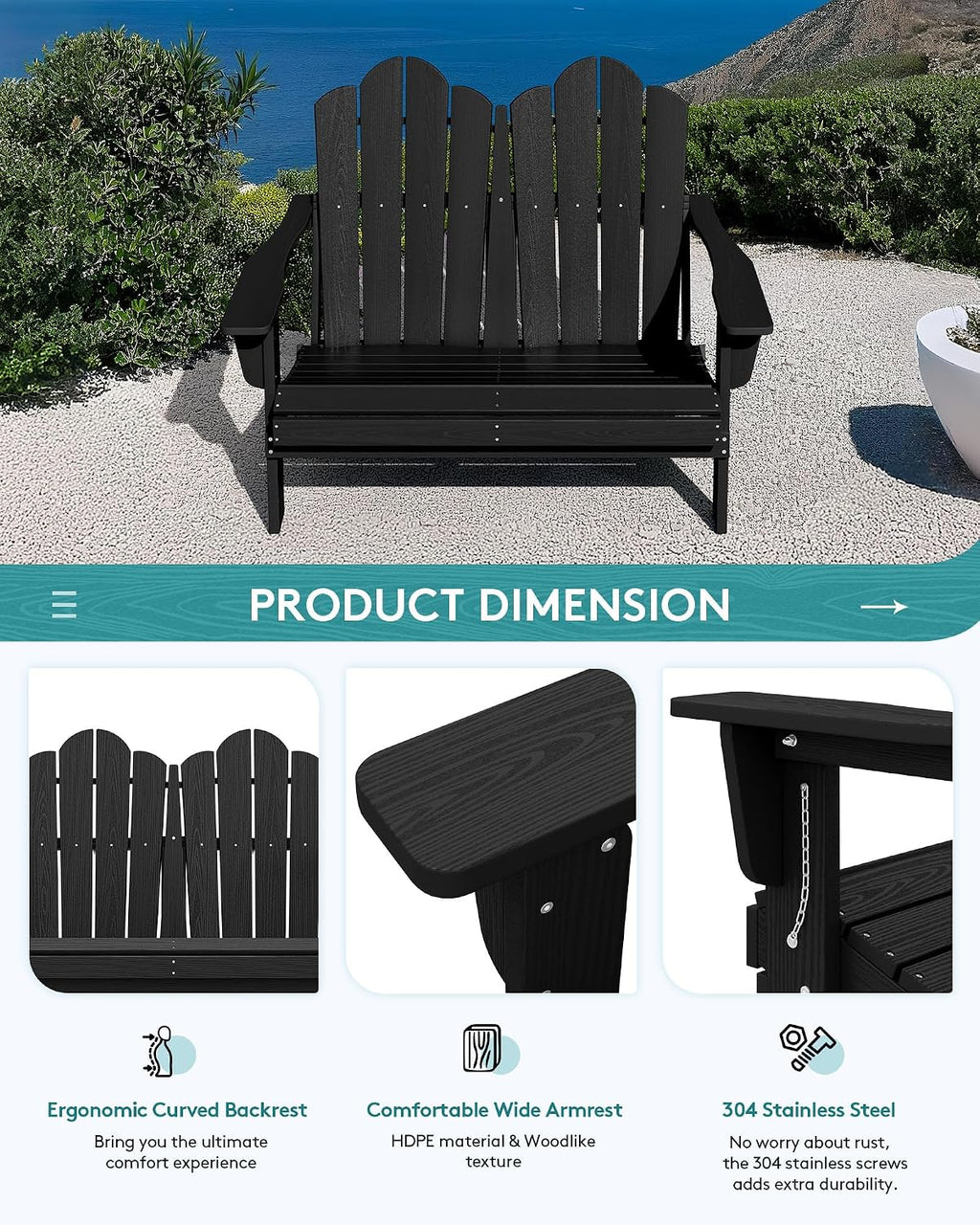 SERWALL 4 Pieces HDPE Patio Adirondack Chair Set, 2 Adirondack Chair with Cup Holder & 1 Adirondack Bench & 1 Coffee Table with Umbrella Hole, Black