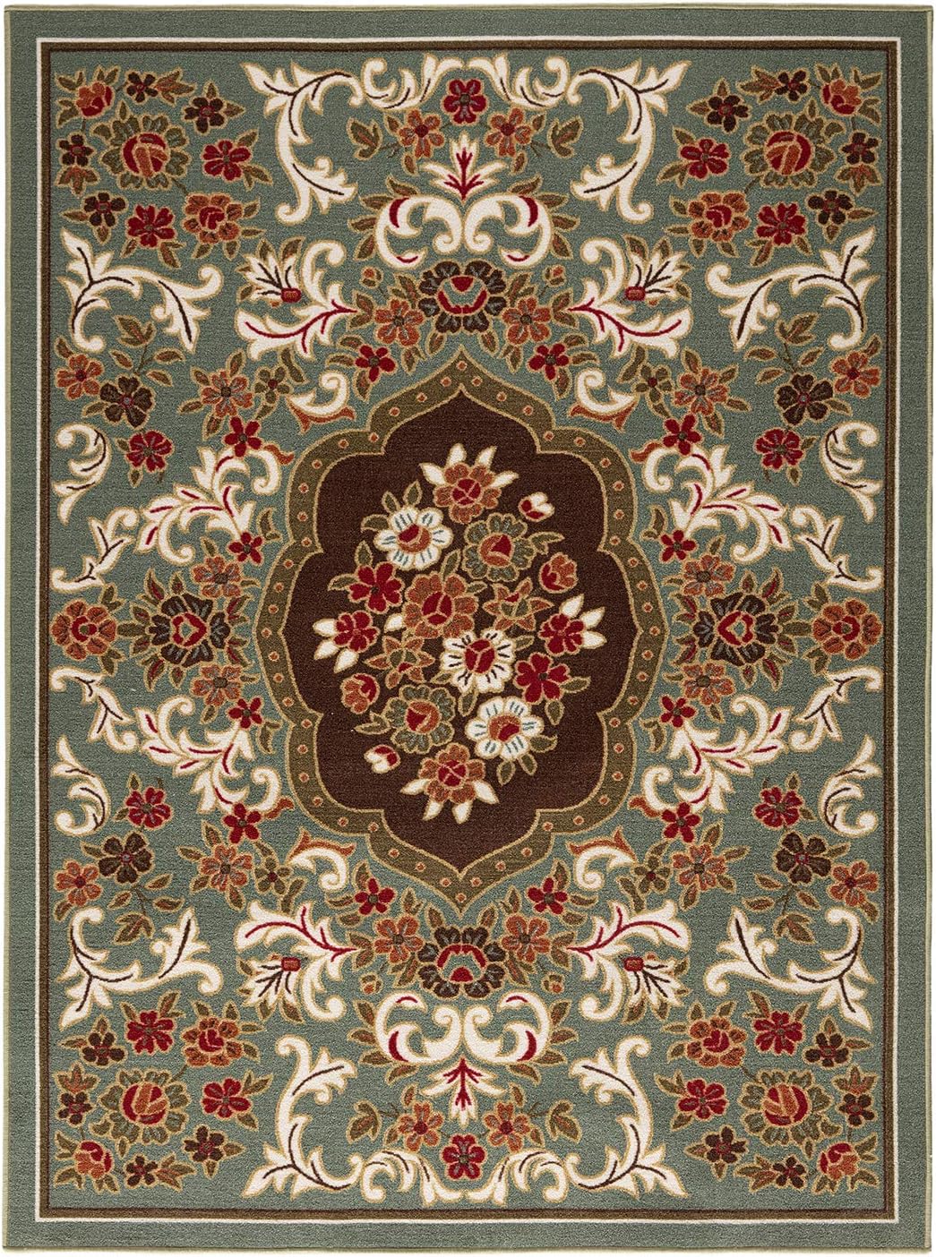 Antep Rugs Alfombras Non-Skid (Non-Slip) 6x9 Rubber Backing Modern Floral Low Profile Pile Indoor Area Rugs (Green, 6'7' x 9')