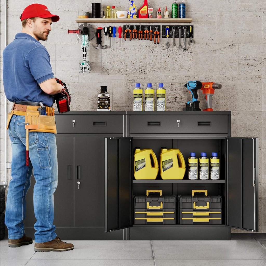 BESFUR Metal Storage Cabinet with Doors and Shelves, 36' H Locking Storage Cabinet with 1 Drawers, Reinforced Heavy Duty Metal Cabinets for Garage, Office, Home(Black)