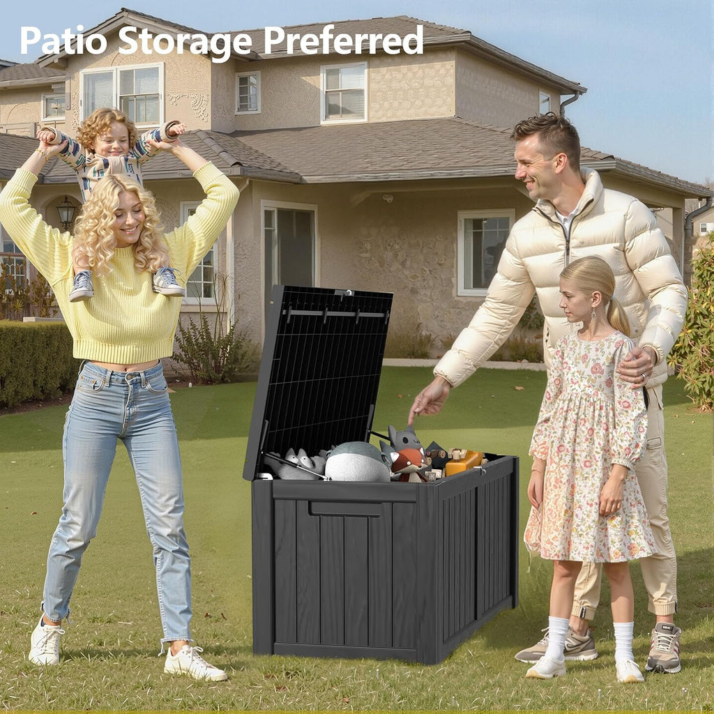 120 Gallon Outdoor Storage Box - Waterproof Resin Deck Box with Stainless Steel Rods - Lockable & Fade Resistant Storage Bin for Patio Cushions & Garden Tools, Black