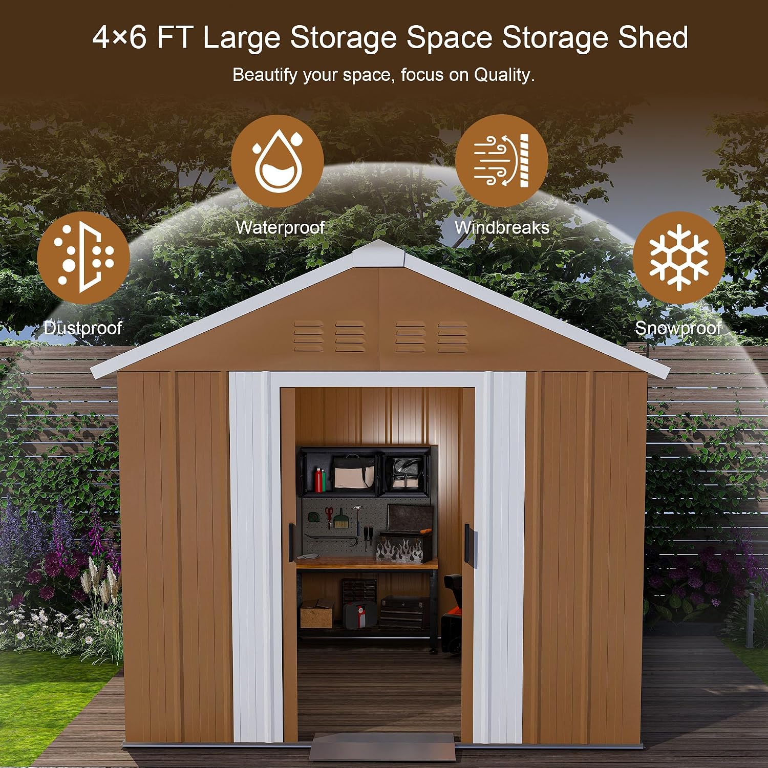 6x4 FT Heavy-Duty Outdoor Metal Storage Shed with Windows, Lockable Door & Ventilation, Weatherproof Garden Shed for Backyard, Lawn Mower, and Tool Organization (Brown, 6X4 FT)