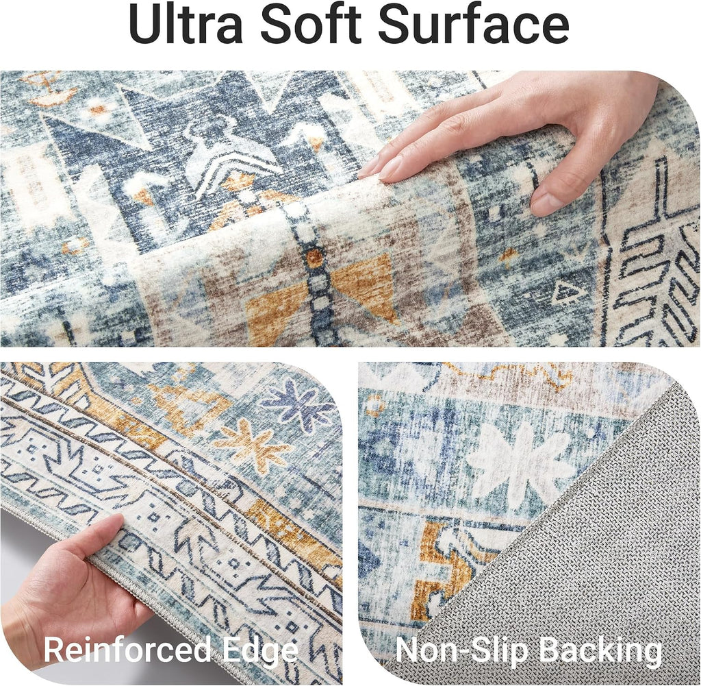 befbee 9x12 Area Rug,Ultra-Thin Washable Rugs for Living Room,Non-Slip Lightweight Foldable Area Rug,Stain Resistant Vintage Large Rugs (Blue/Gold,9'x12')