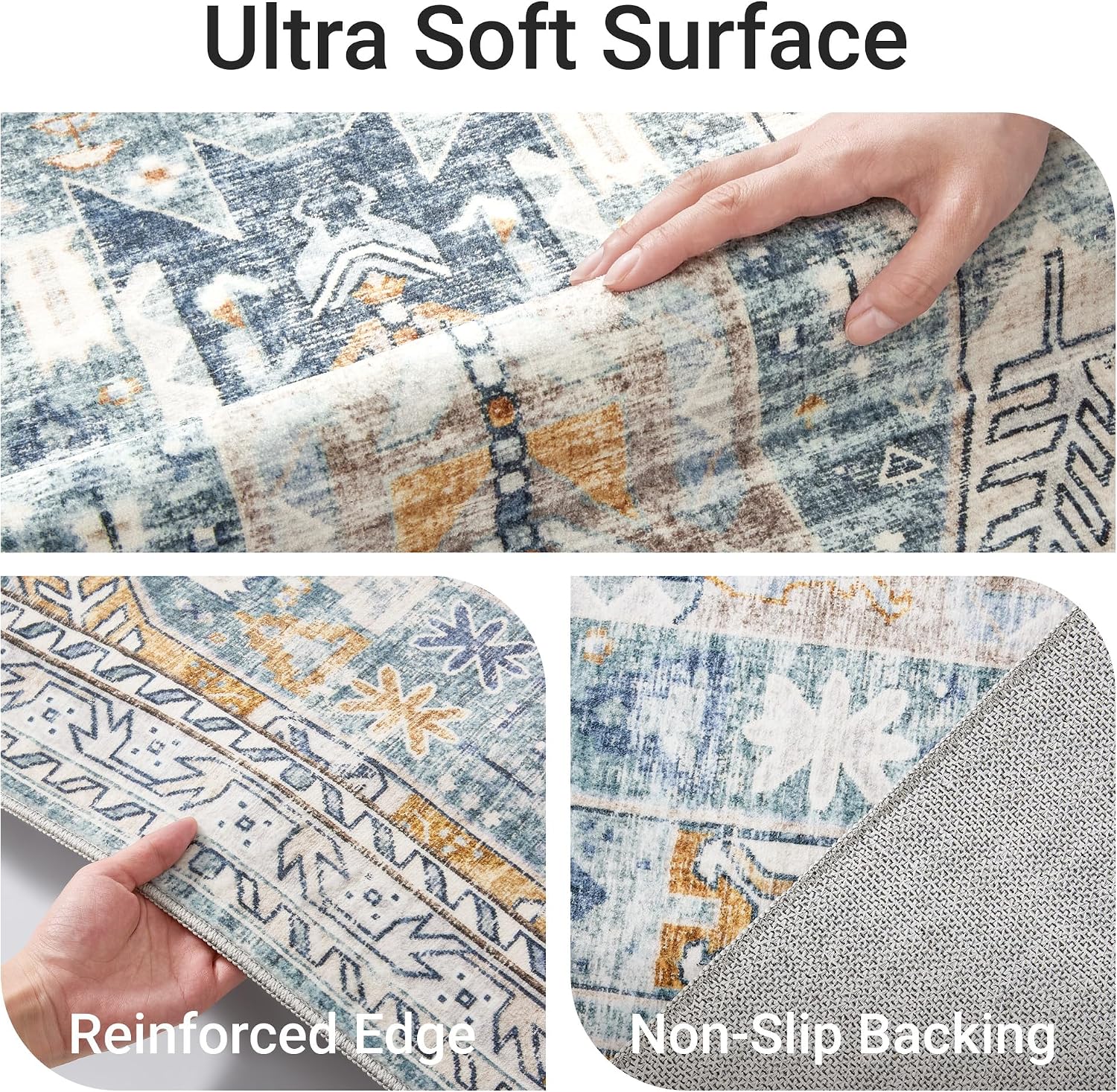 befbee 9x12 Area Rug,Ultra-Thin Washable Rugs for Living Room,Non-Slip Lightweight Foldable Area Rug,Stain Resistant Vintage Large Rugs (Blue/Gold,9'x12')