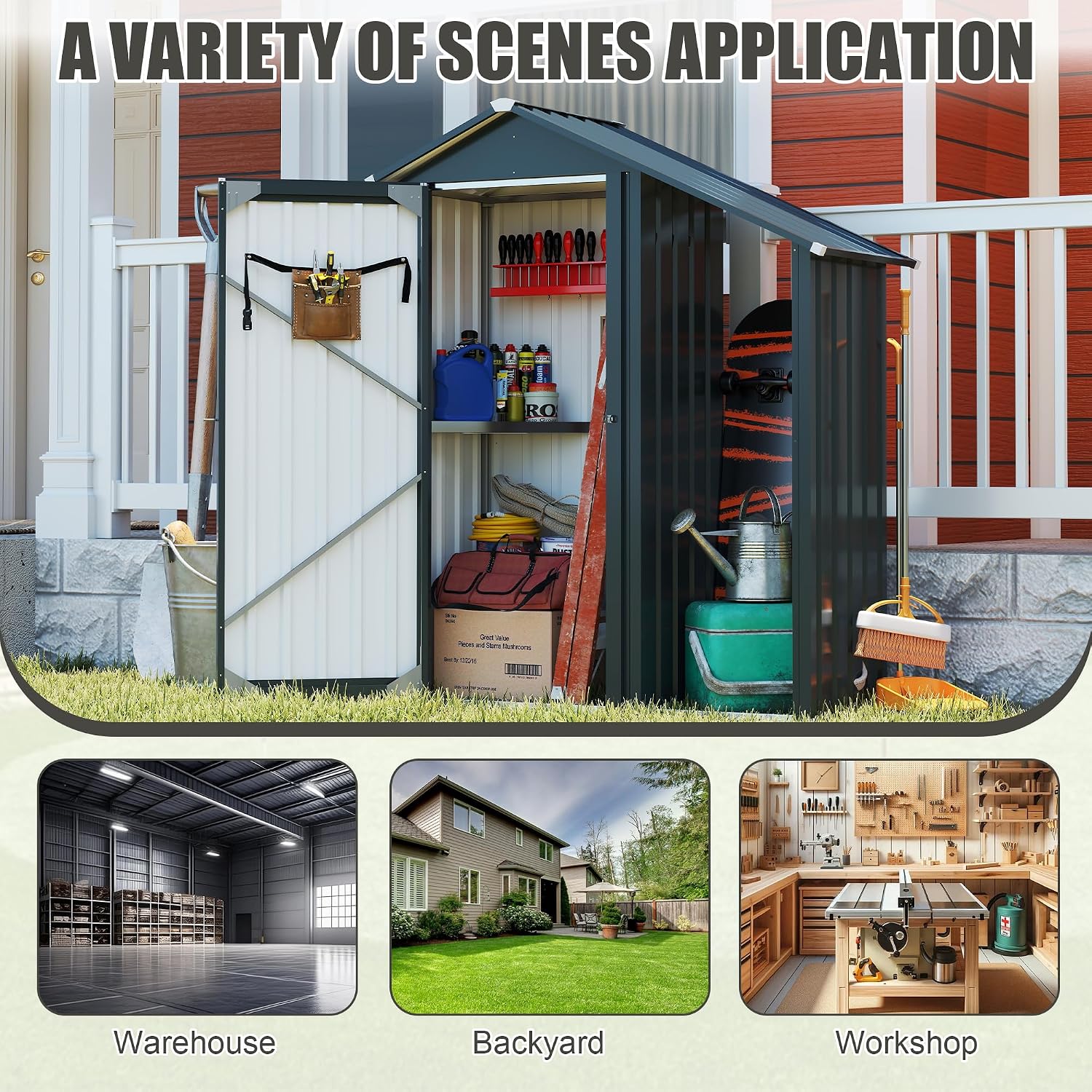 YOPTO Storage Shed,Iron 2-in-1 Storage Cabinet with A Solid Lock System and Sloped Roof,Outdoor Firewood Shed w/Waterproof,Garden Tool House for Lawnmowers,firewood,Dark Gray