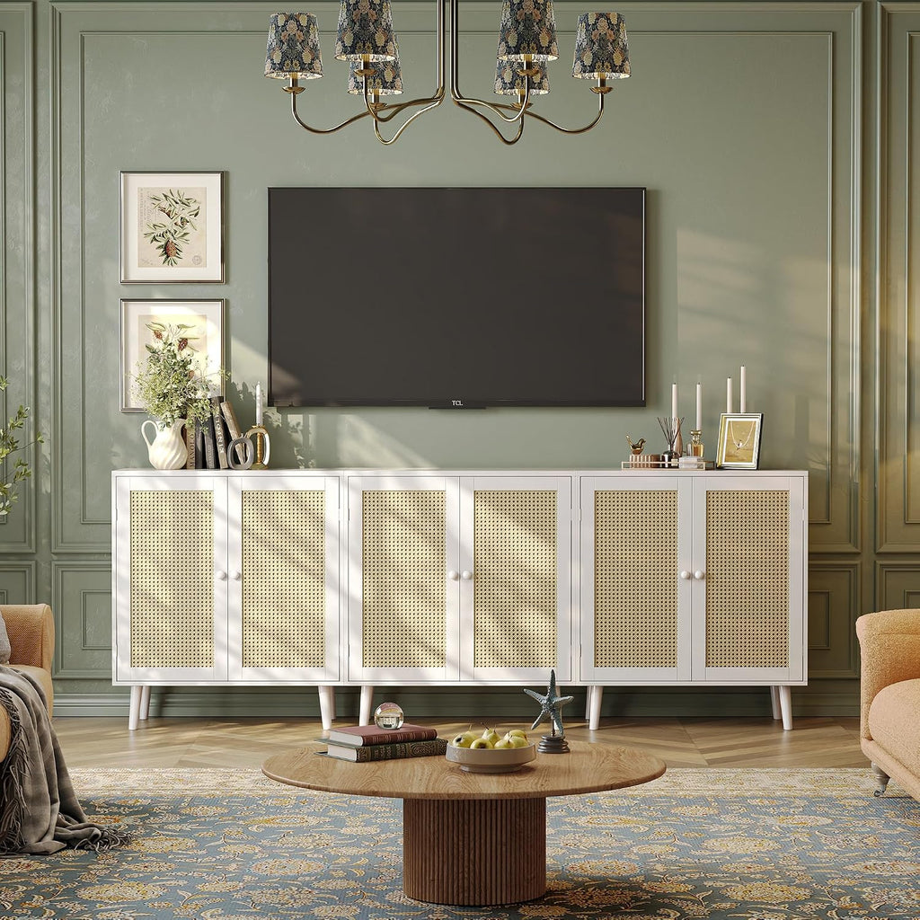 Huuger Buffet Cabinet with Storage, Storage Cabinet with PE Rattan Decor Doors, Solid Wood Feet, for Hallway, Entry, Living Room, White