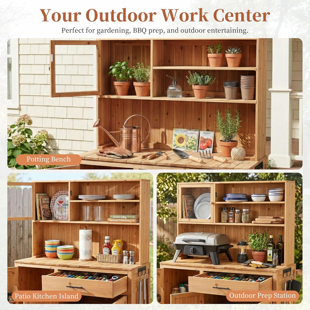 Potting Bench with Hutch, 65' H Solid Fir Wood Garden Workstation, Large Countertop, Patio Kitchen Island with Adjustable Shelves, Spice Rack, Side Hook and Drawer (Natural-P1)