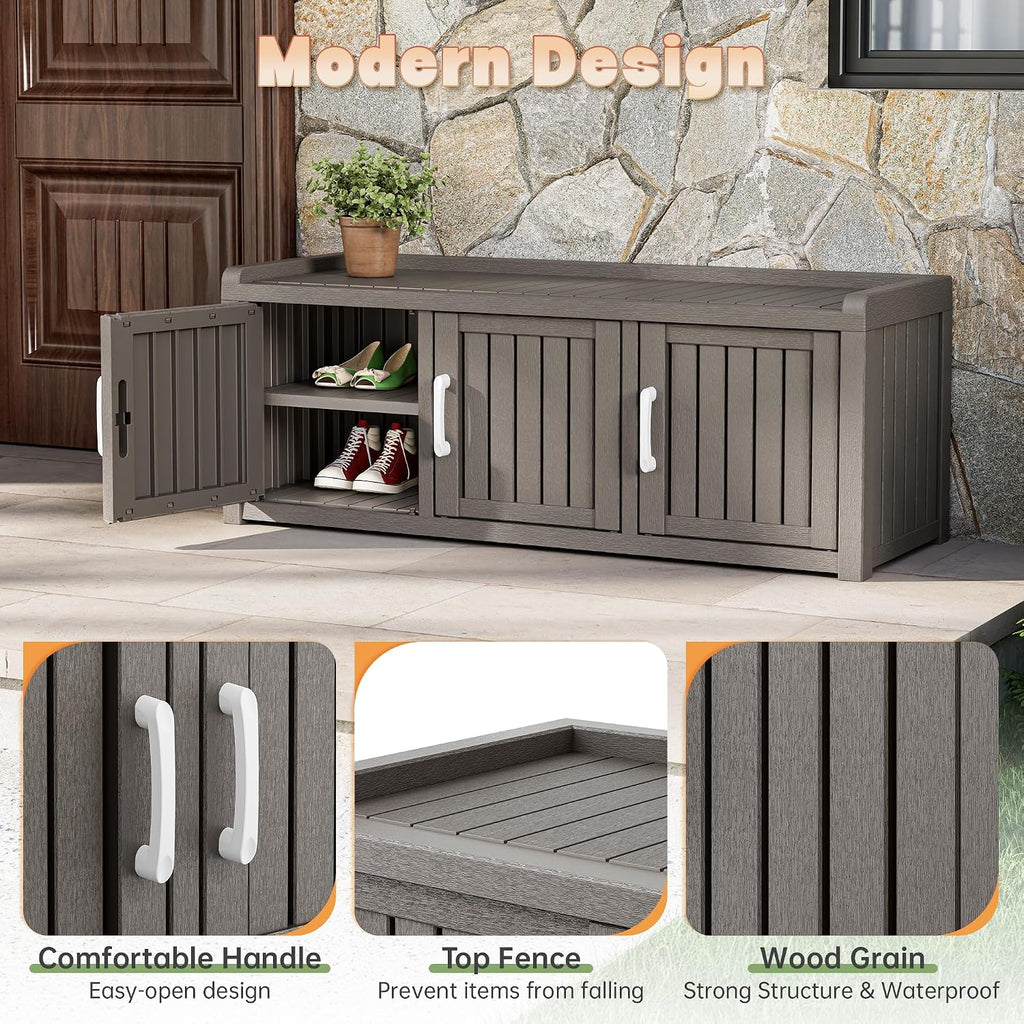 Bifanuo Shoe Storage Cabinet, 3 Door Outdoor Storage Bench with Adjustable Shelves, Waterproof UV-Resistant for Hallway, Living Room, Entryway, Large Capacity Modern Organizer (Grey)