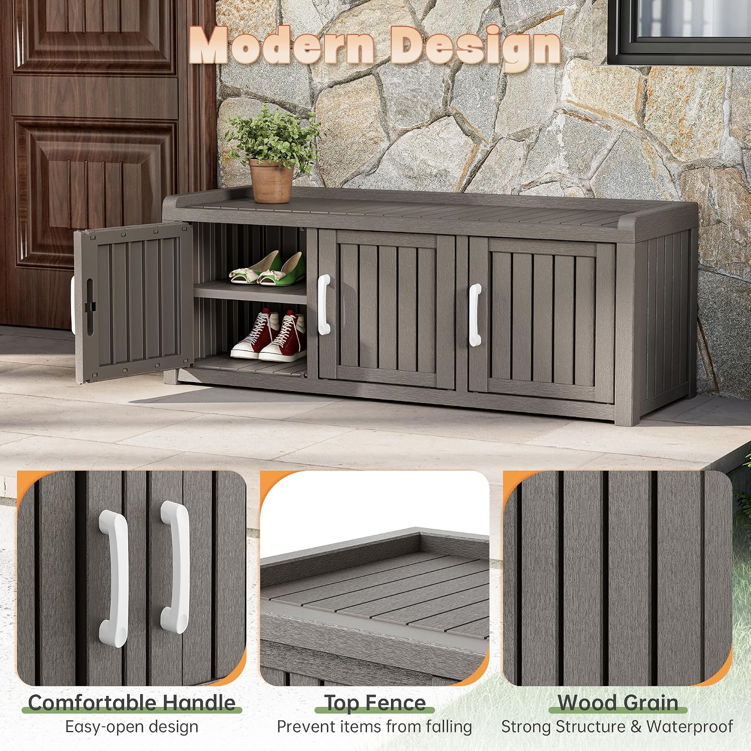 Bifanuo Shoe Storage Cabinet, 3 Door Outdoor Storage Bench with Adjustable Shelves, Waterproof UV-Resistant for Hallway, Living Room, Entryway, Large Capacity Modern Organizer (Grey)