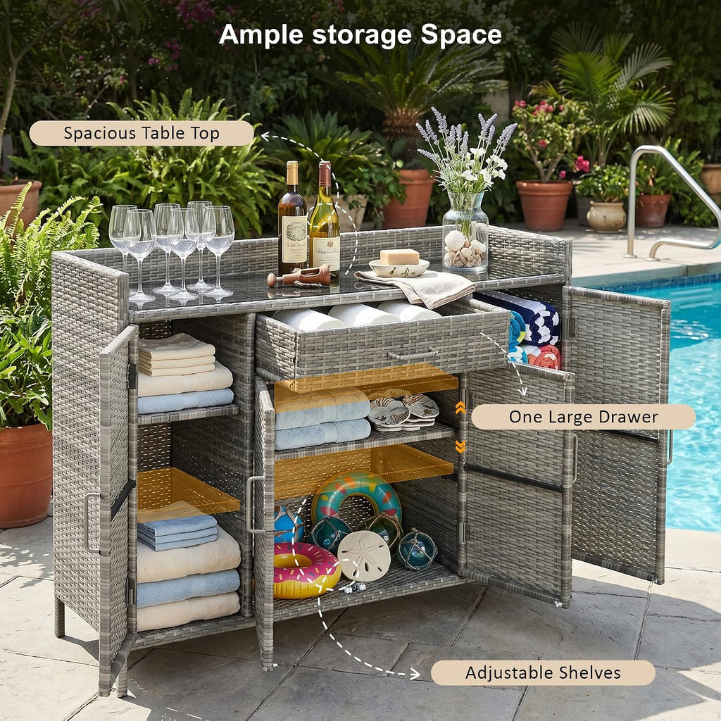 53.2' W Outdoor Weather-Proof Rattan Storage Cabinet with Tempered Glass Top, Outdoor Wicker Bar Table with One Large Drawer & Adjustable Shelves for Patio, Garden, Pool, Grey