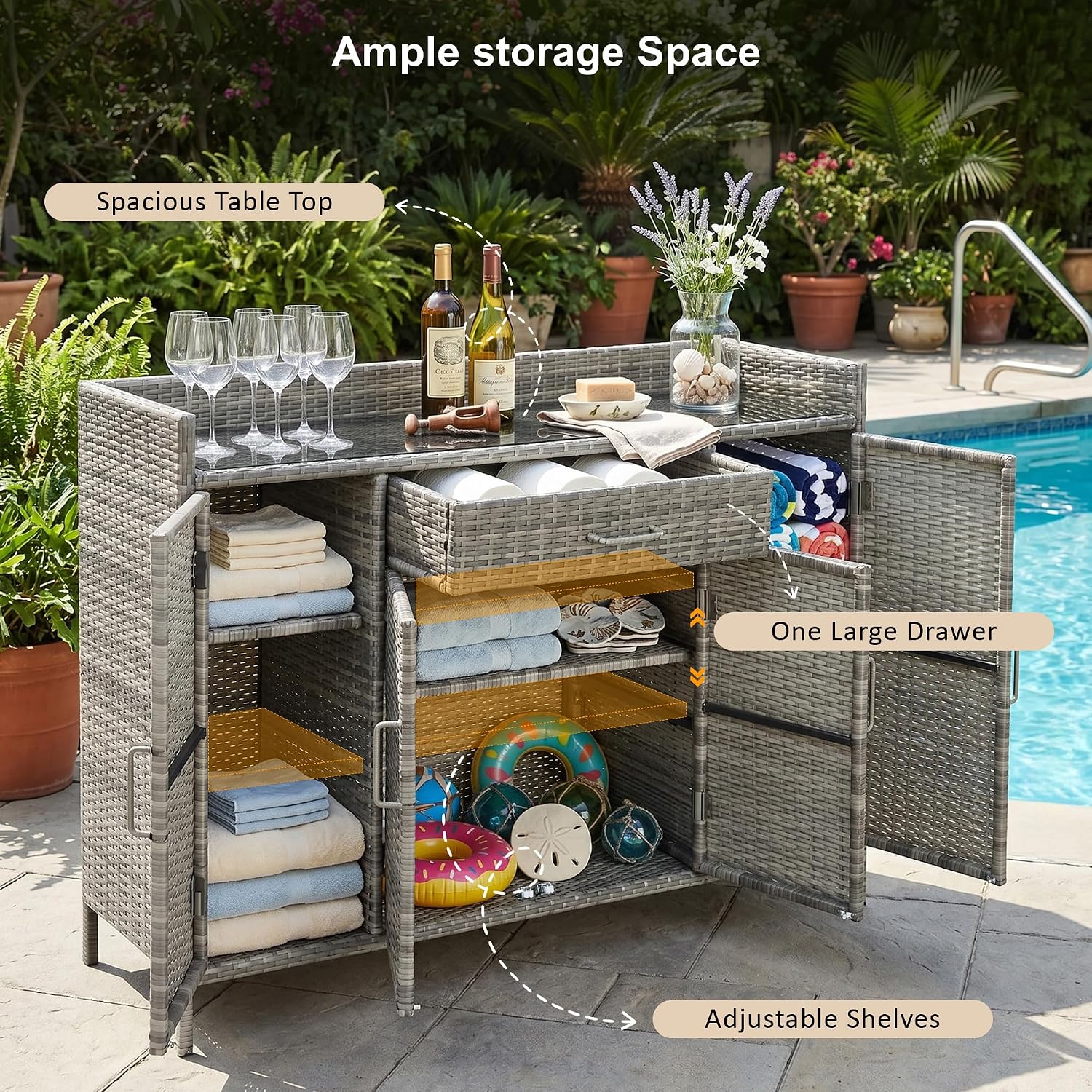 53.2' W Outdoor Weather-Proof Rattan Storage Cabinet with Tempered Glass Top, Outdoor Wicker Bar Table with One Large Drawer & Adjustable Shelves for Patio, Garden, Pool, Grey