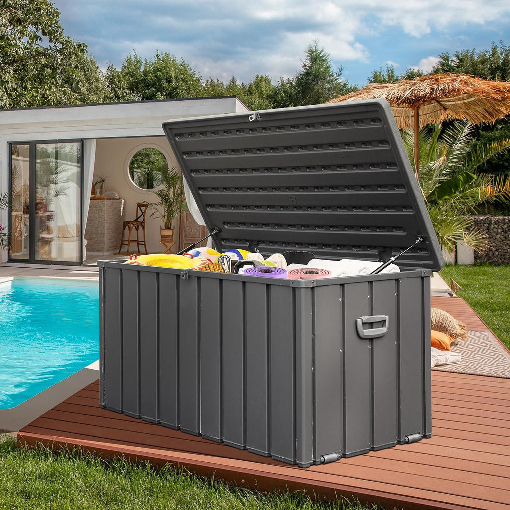 Domi Deck Box Outdoor Storage Box 120 Gallon, Large Metal Storage Cabinet with Resin Lid, Waterproof Lockable Patio Storage Box for Cushions Garden Tools Pool-Supplies, Dark Grey