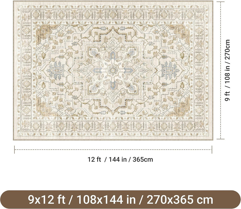 Area Rugs for Living Room - 9x12, Boho Non-Slip Low Pile Carpet Machine Washable Rugs for Bedroom Office, Dining Room (Beige)