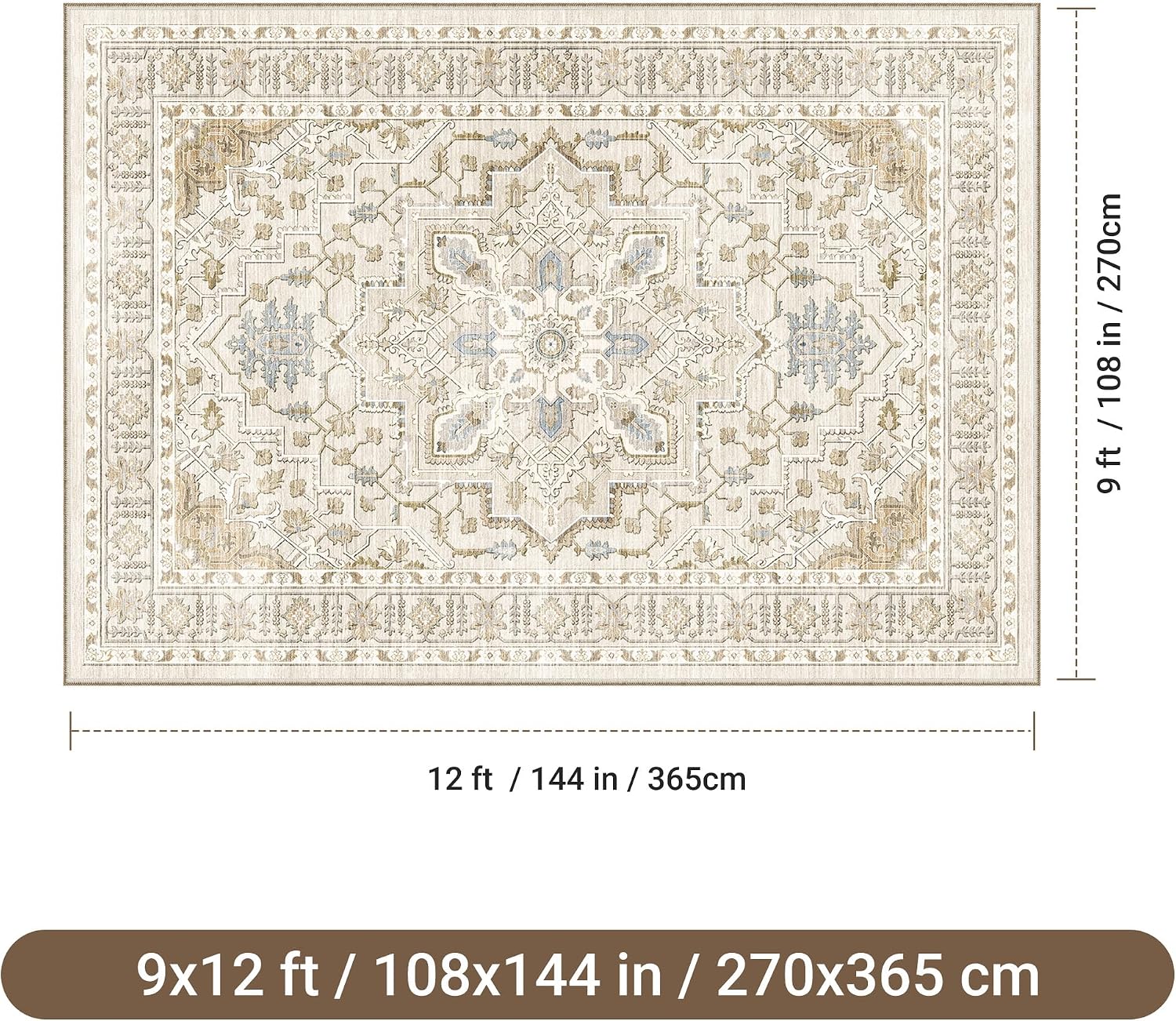 Area Rugs for Living Room - 9x12, Boho Non-Slip Low Pile Carpet Machine Washable Rugs for Bedroom Office, Dining Room (Beige)