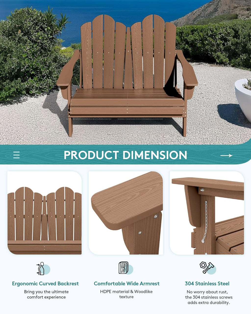 SERWALL 3 Pieces Patio Adirondack Bench Set, 2 Folding Adirondack Bench & 1 Coffee Table with Umbrella Hole Set for Front Porch Garden Balcony Backyard, Brown