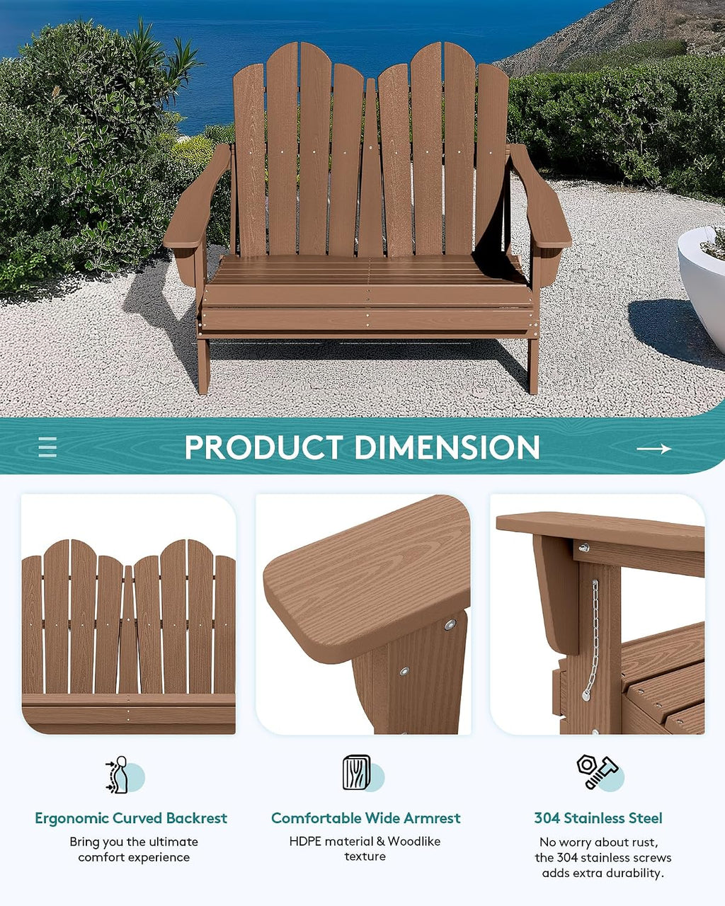 SERWALL 4 Pieces HDPE Patio Adirondack Chair Set, 2 Adirondack Chair with Cup Holder & 1 Adirondack Bench & 1 Coffee Table with Umbrella Hole, Brown