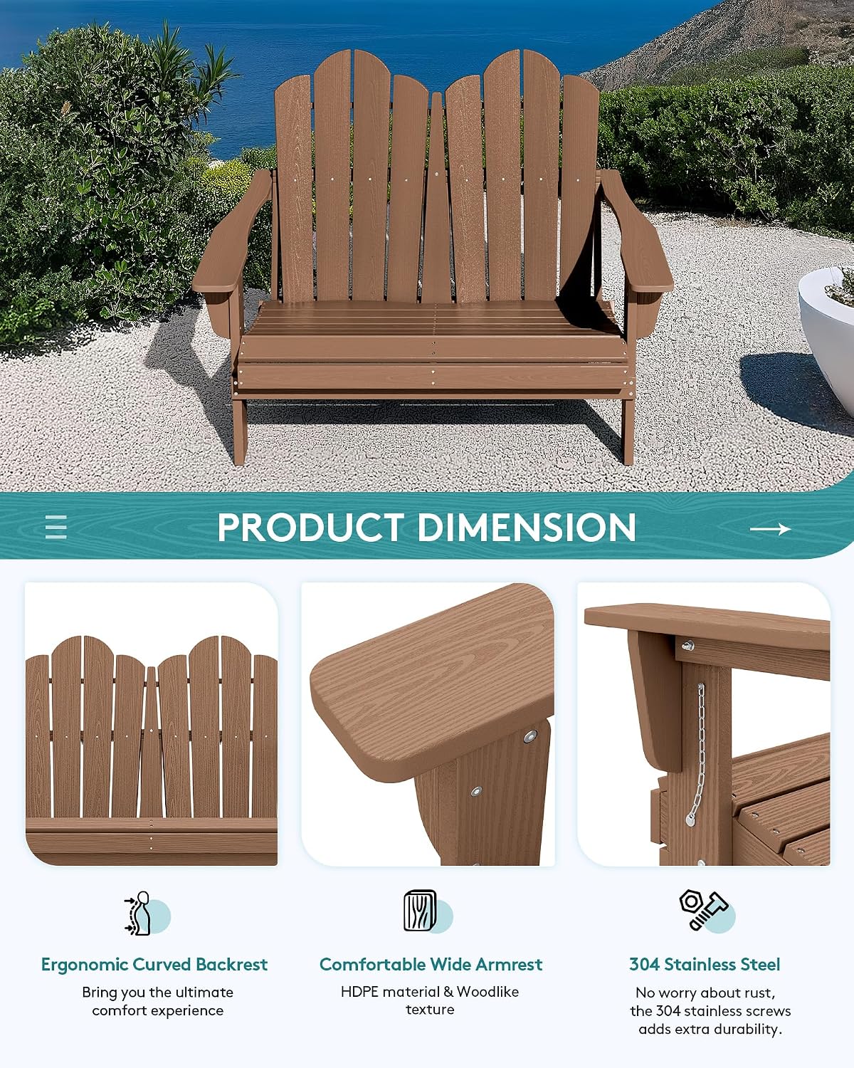 SERWALL 5 Pieces HDPE Patio Adirondack Chair Set, 2 Adirondack Chair with Cup Holder & 2 Adirondack Bench & 1 Coffee Table with Umbrella Hole, Brown