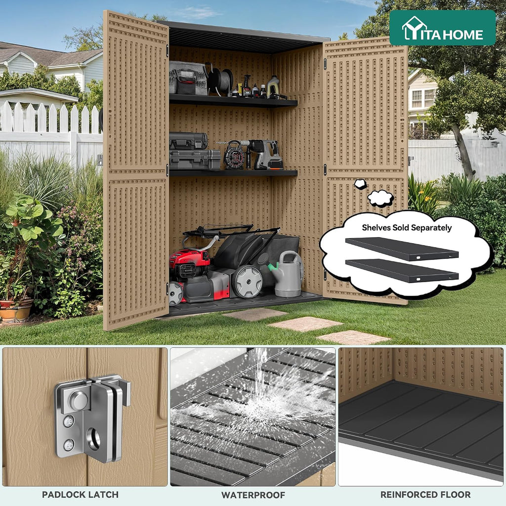 YITAHOME 59 Cuft Outdoor Tall Storage Shed, Waterproof Vertical Resin Shed for Garden, Garage, Patio, Lockable Tool Storage, No Shelves Included, Brown