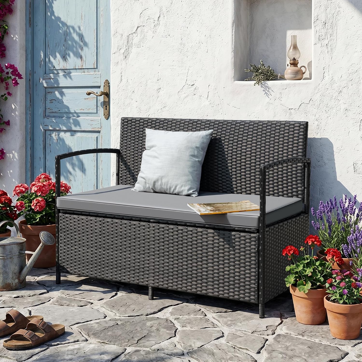 Flamaker Patio Loveseat Wicker Outdoor Furniture, All Weather Rattan Conversation Bench Chair with Large Storage Capacity and Cushions for Backyard, Outside Patio Porch (Black)