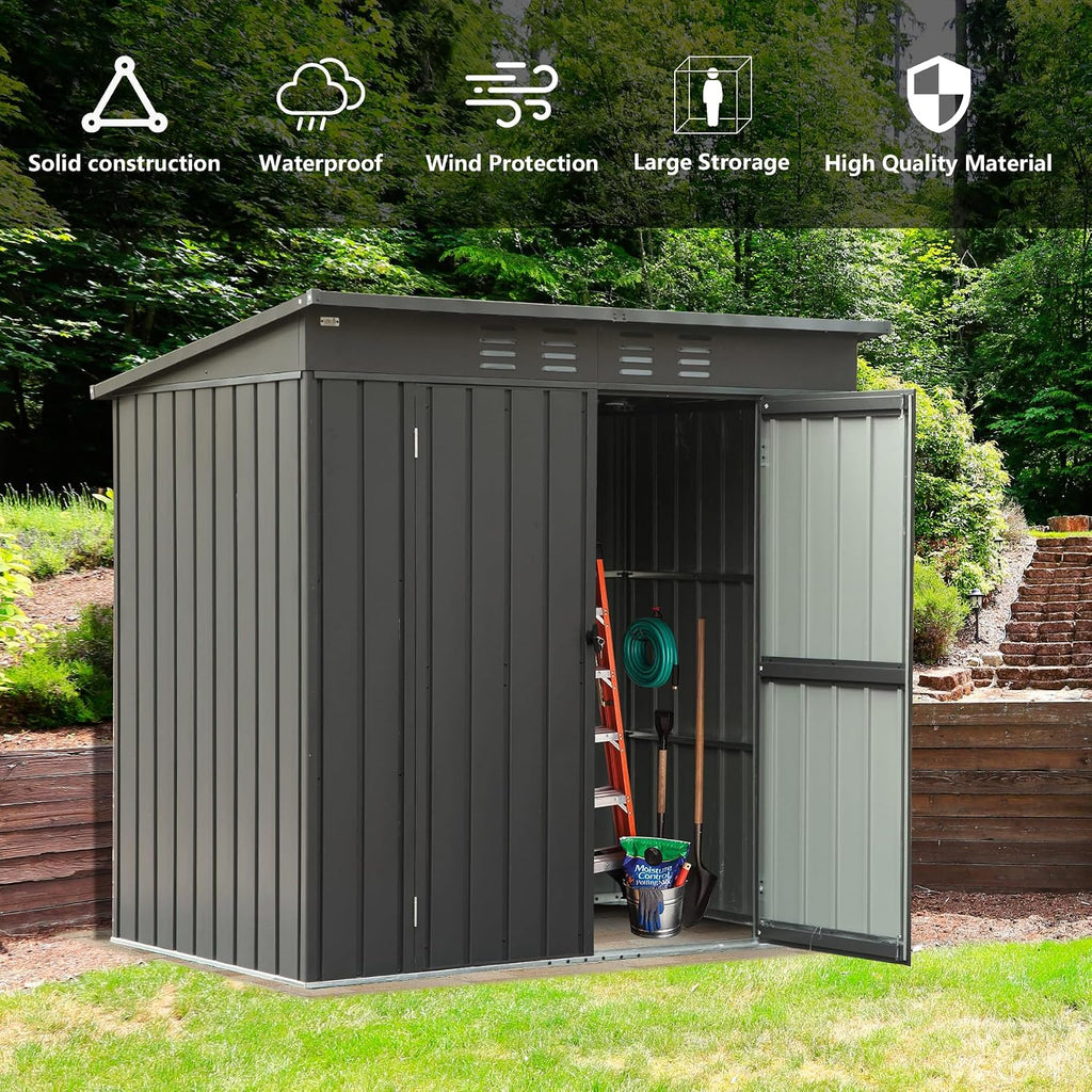 Domi 6 x 4 FT Outdoor Storage Shed, Metal Garden Shed for Bike, Trash Can, Tool, Lawn Mowers, Pool Toys, Lockable Outdoor Storage Cabinet Galvanized Steel for Backyard, Patio, Lawn Dark Gray