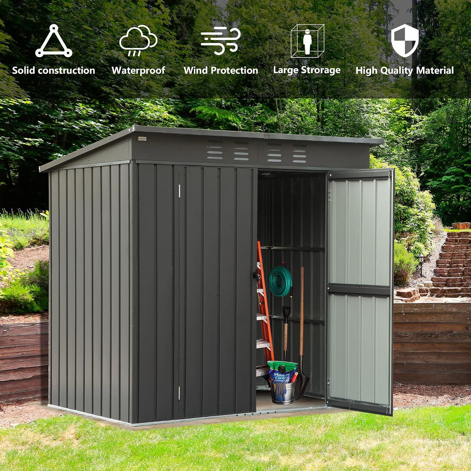 Domi 6 x 4 FT Outdoor Storage Shed, Metal Garden Shed for Bike, Trash Can, Tool, Lawn Mowers, Pool Toys, Lockable Outdoor Storage Cabinet Galvanized Steel for Backyard, Patio, Lawn Dark Gray