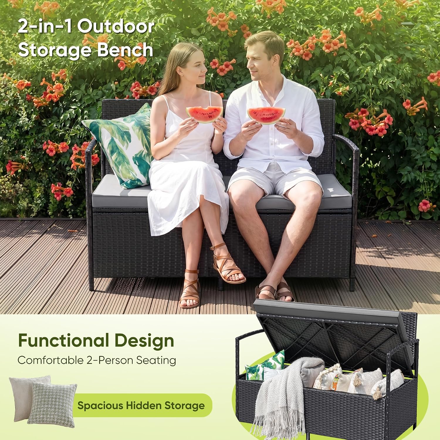 Flamaker Patio Loveseat Wicker Outdoor Furniture, All Weather Rattan Conversation Bench Chair with Large Storage Capacity and Cushions for Backyard, Outside Patio Porch (Black)