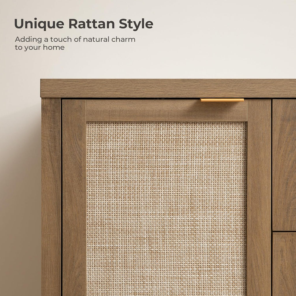 SICOTAS Rattan Large Sideboard Buffet Cabinet with Storage - Farmhouse Boho Coffee Bar Storage Cabinet with 3 Drawers and 2 Doors, Tall Credenza for Living Room, Kitchen, Caramel Oak (2 Pieces)