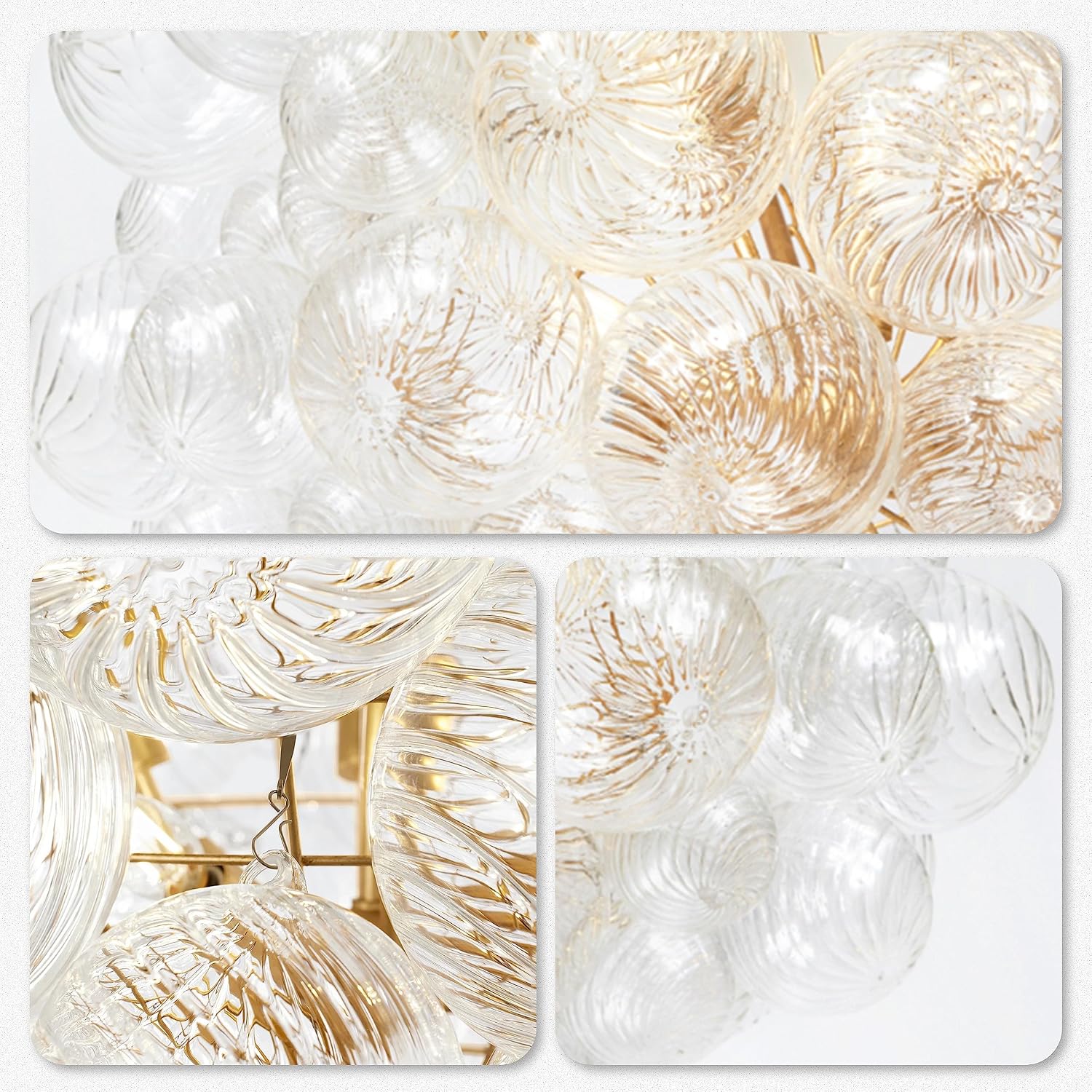 Longree Mid Century Bubble Ball Swirled Glass Chandelier, 36 * 44 in. 2-Tier Frame Gild Gold and Clear Blown Glass Large Cluster Bbble Pendant Light Fixture for Bedroom Restaurant Dining Room