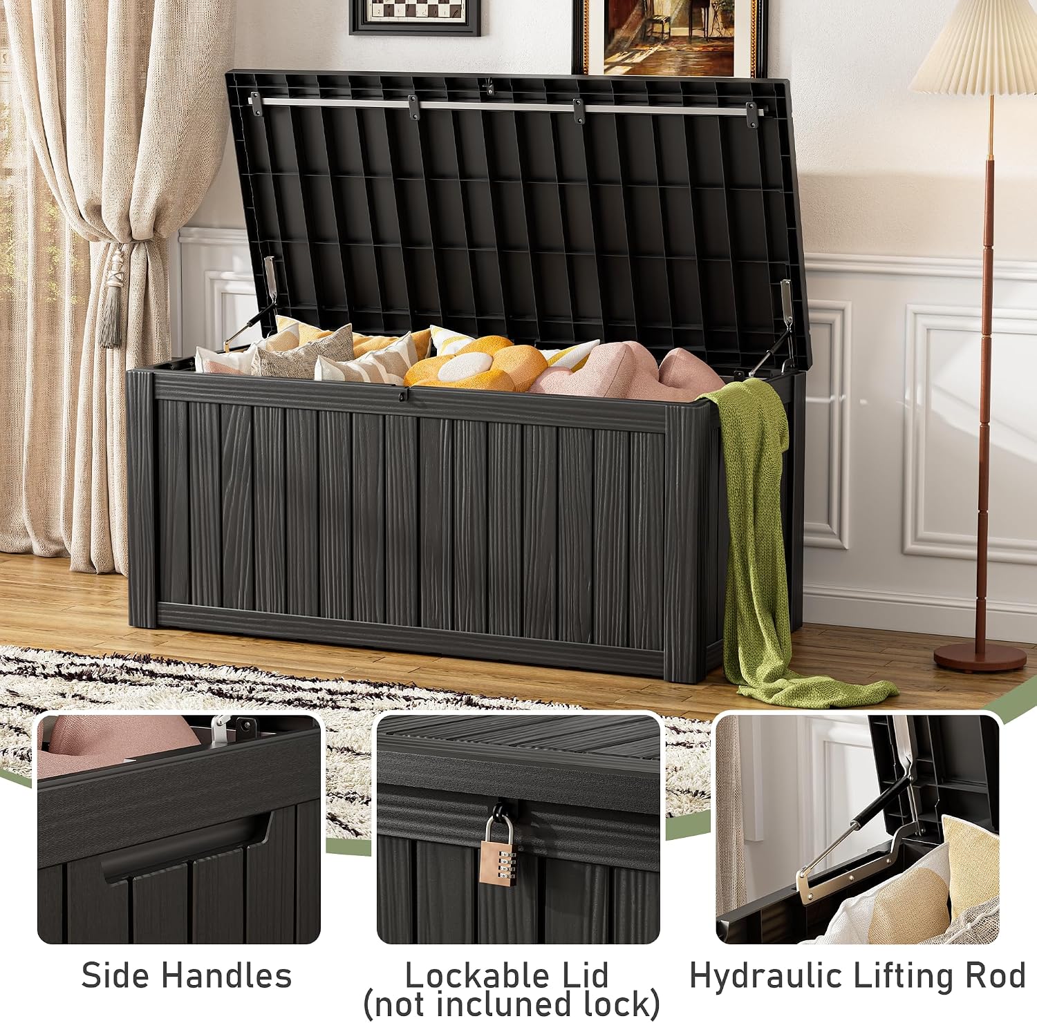 NUNU LAB 120 Gallon Outdoor Storage Box, Large Resin Deck Box with Lockable Lid, Waterproof Patio Storage Bench, Outdoor Cabinet for Garden Tools, Cushions & Pool Accessories