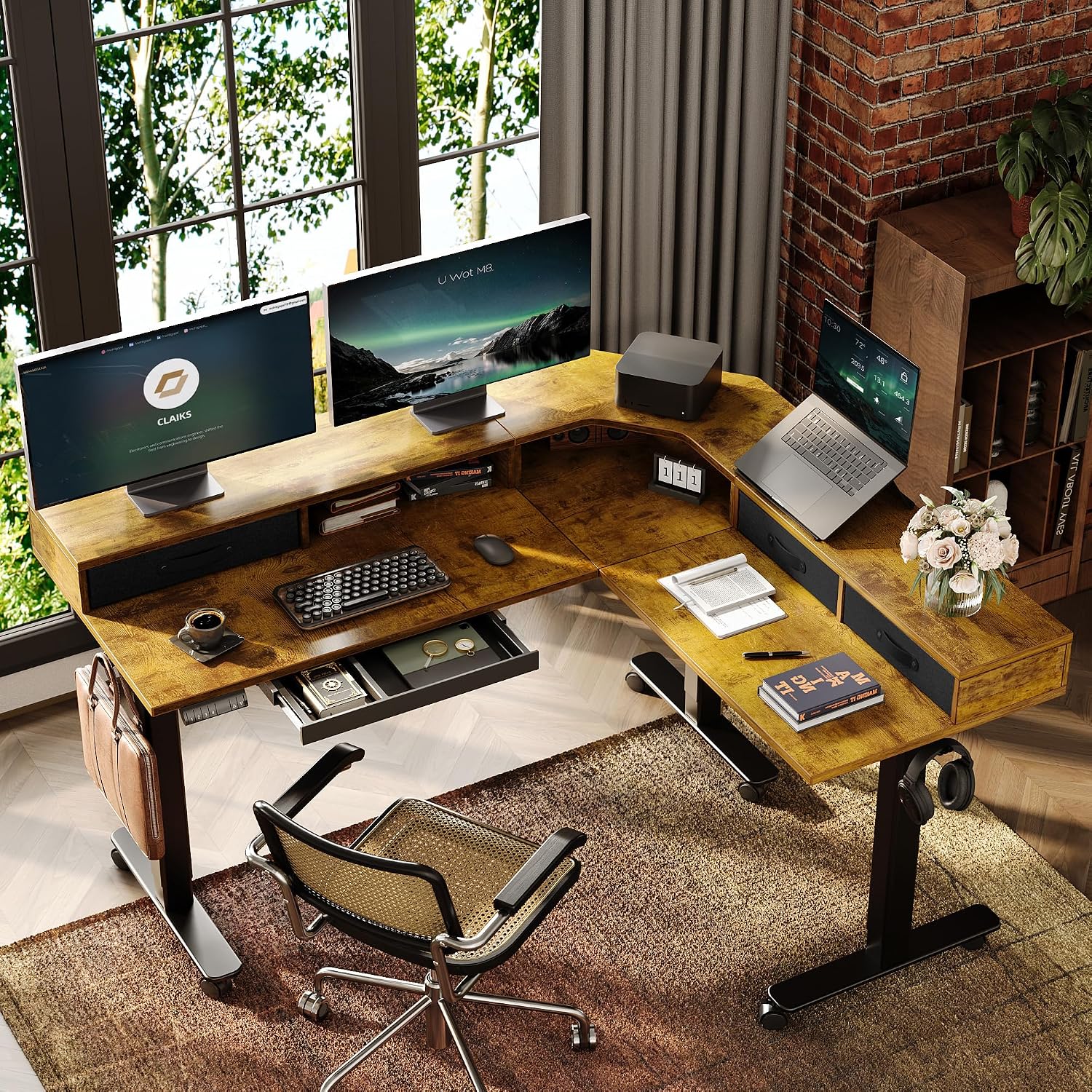 Claiks Dual Motor 63' L Shaped Standing Desk with Drawers, Electric Height Adjustable Standing Desk with Monitor Stand & Splice Board, Black Frame/Rustic Brown Top