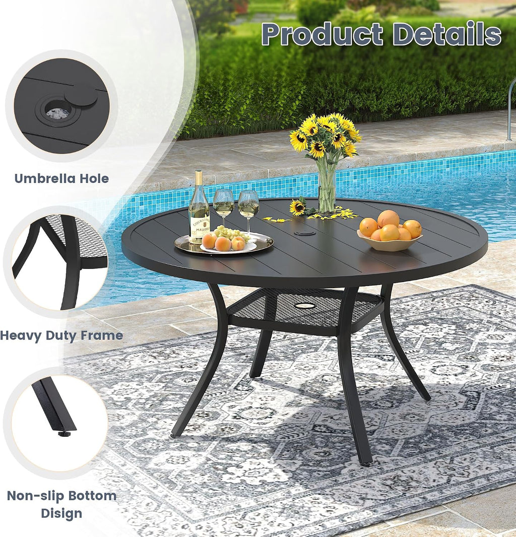 VICLLAX 40.6' Round Metal Outdoor Dining Table for 4, Patio Table with Umbrella Hole and Storage Shelf for Garden, Lawn, Deck, Black