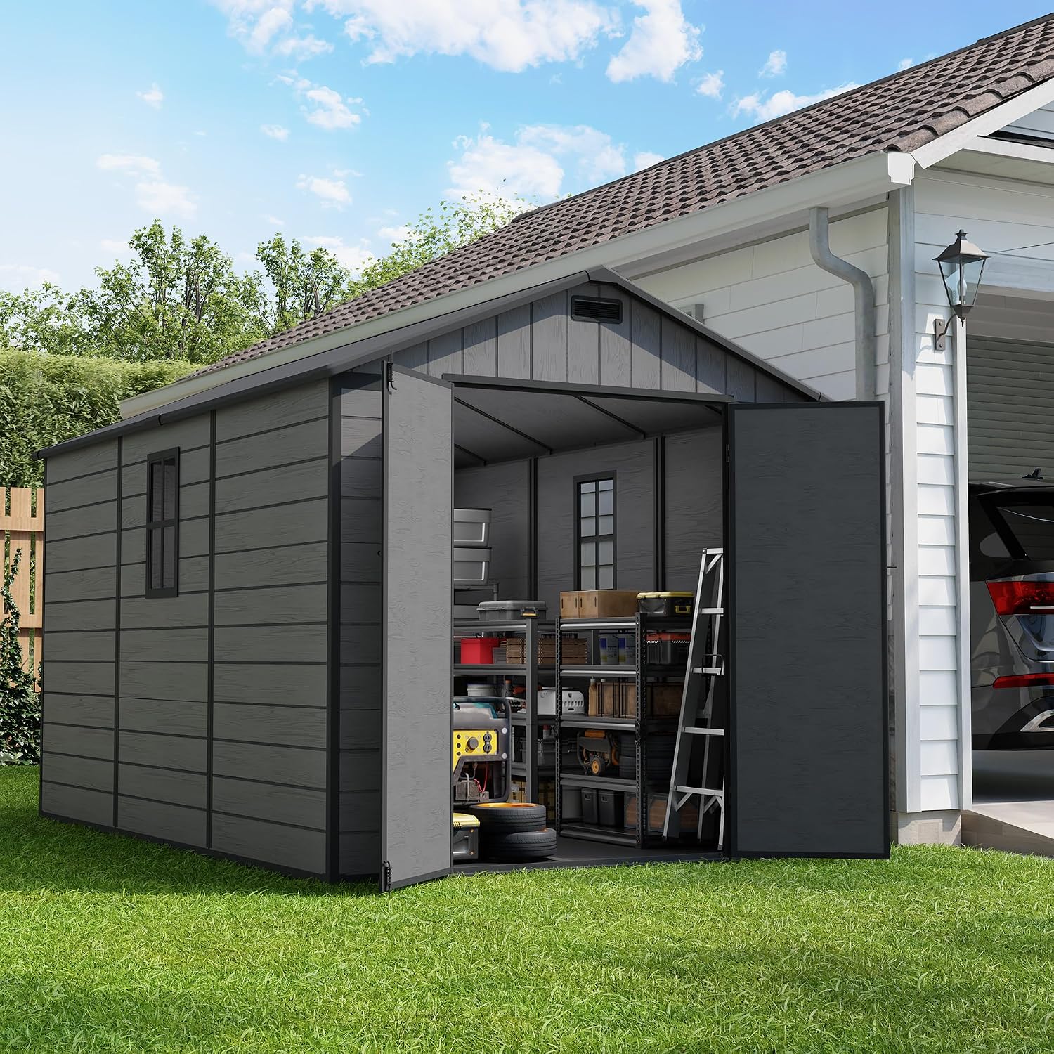 Amopatio 8X12 FT Resin Storage Shed with Floor Included, Plastic Outdoor Shed with Lockable Door, Window & Vents, for Lawnmower, Garden Tools, Pool Supplies, Dark Grey
