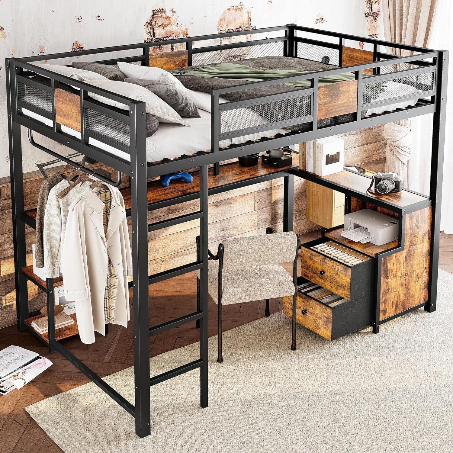 Bellemave Full Loft Bed with L-Shaped Desk and Storage Drawers, Full Size Loft Bed Frame with Computer Monitor Stand, Corner Shelf and Hanger Rod, Adults Loft Beds Nosie-Free, Black